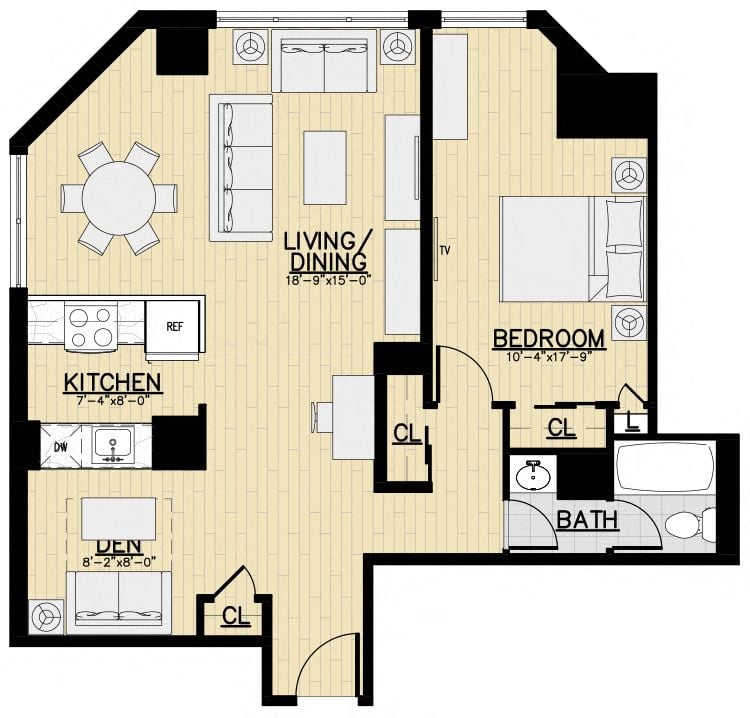Floor plan for 1 bed, 1 bath, 878 sqft